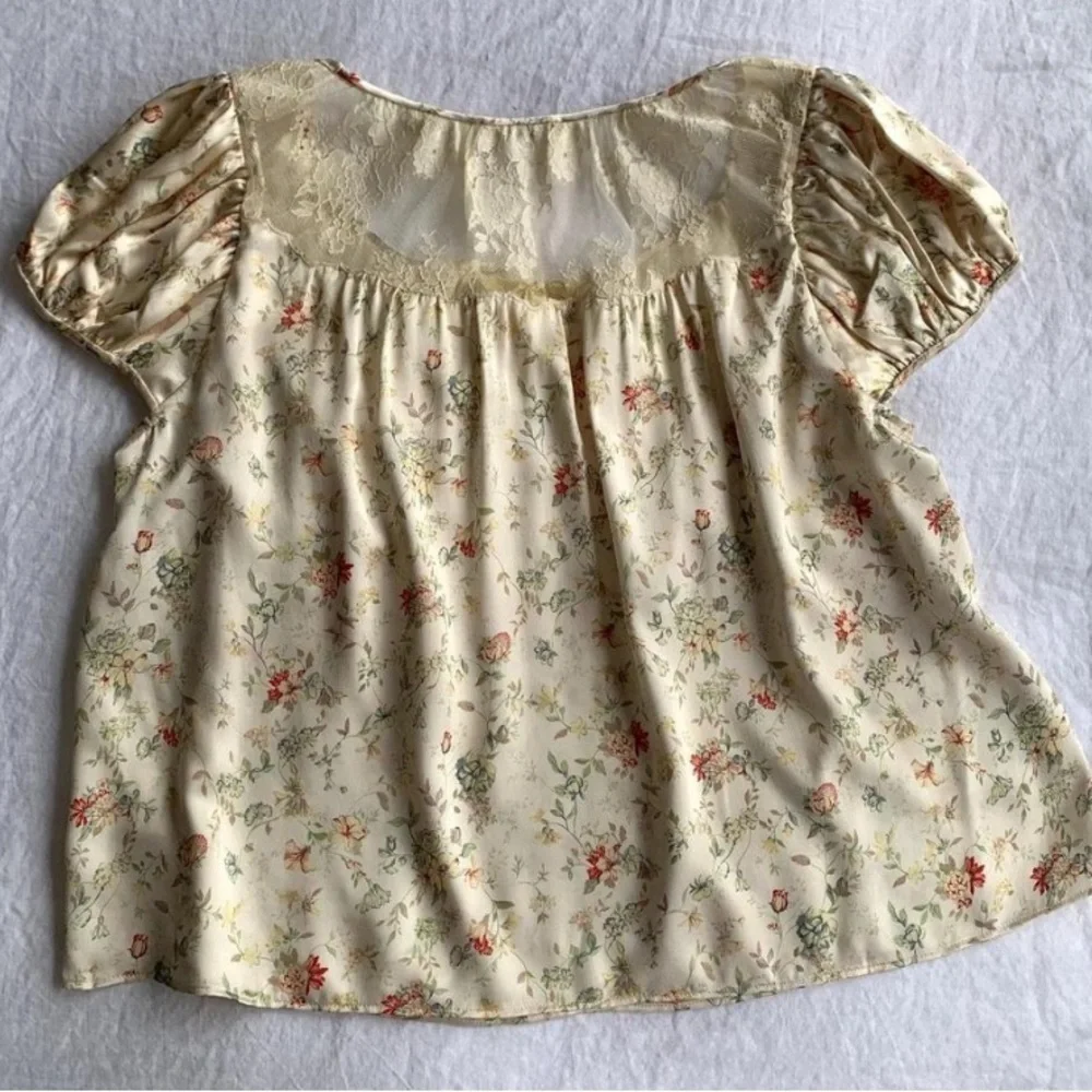 NWT Doen Camri Silk Lace Floral Puff Shoulder Tie Blouse Top Flowering Meadow